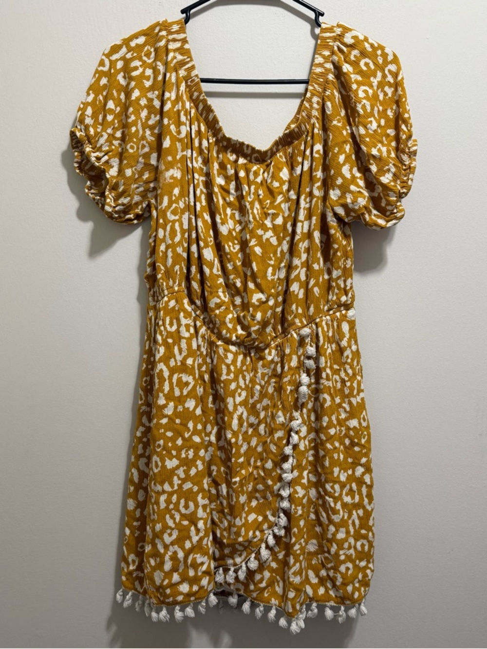 Andree Mustard Yellow Printed Puff-Sleeve Mini Dress with Tassel Trim
